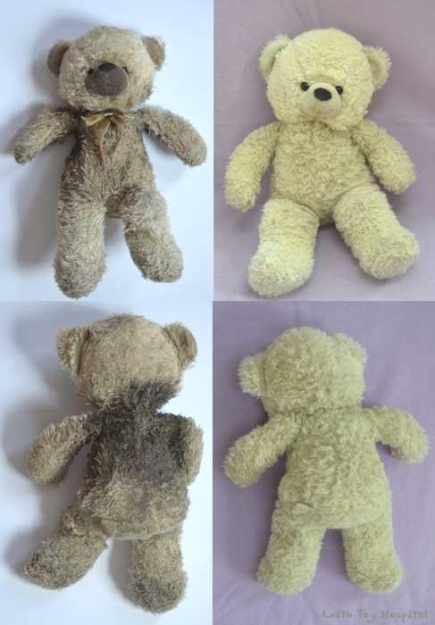 Teddy bear cleaning - a dirty ted on one side and a clean one on the other!