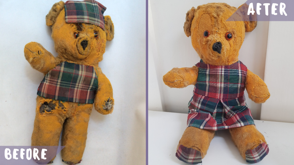 before and after photo of teddy with a tartan dress made from patches
